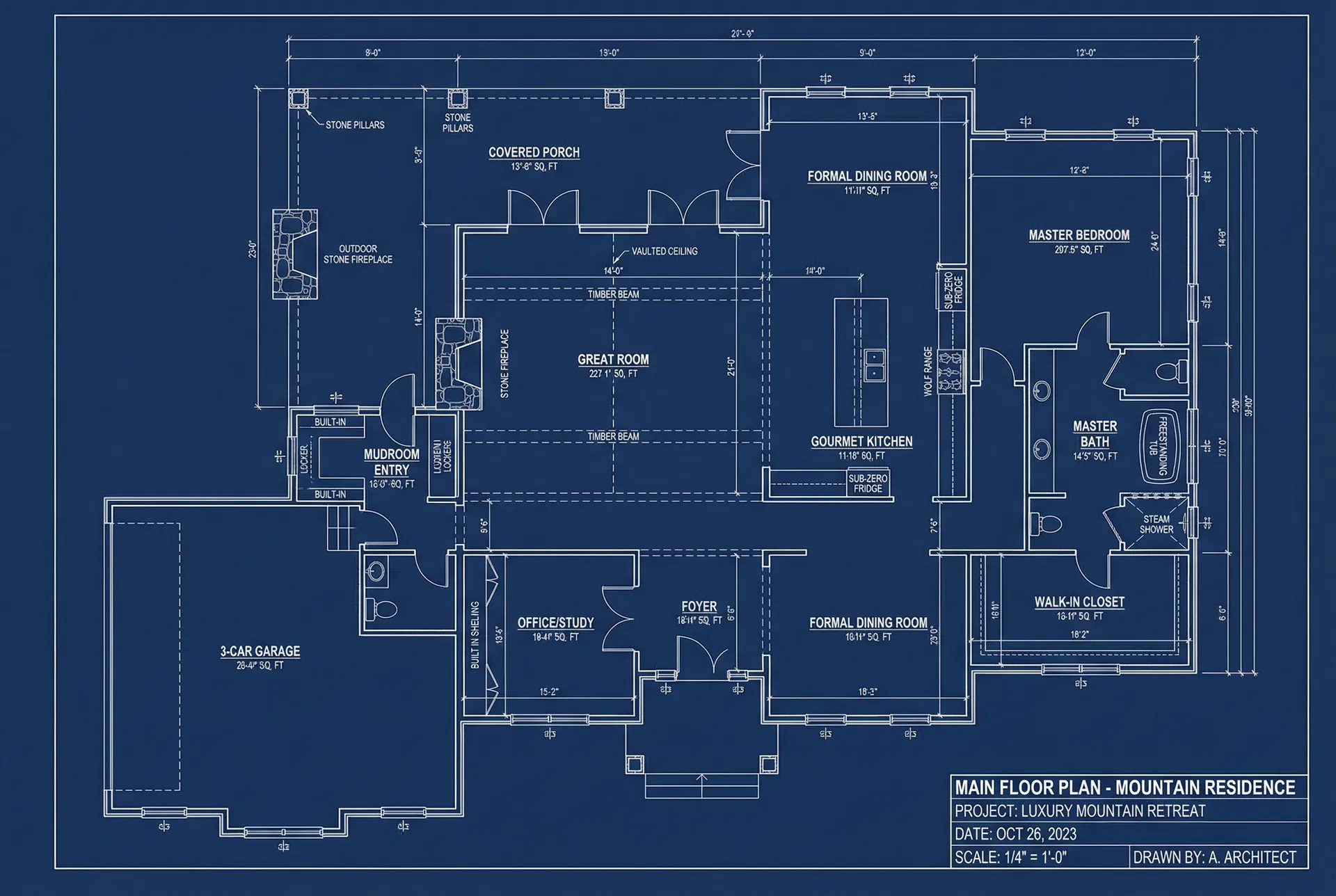 Main floor plan showing the wraparound porch and connection to the guest house and barn